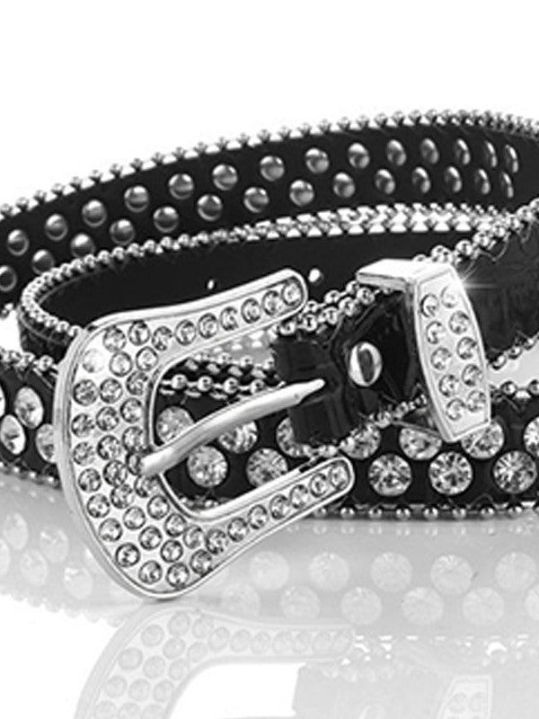 Double Rhinestone Pu Leather Buckle Belt