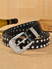 Double Rhinestone Pu Leather Belt