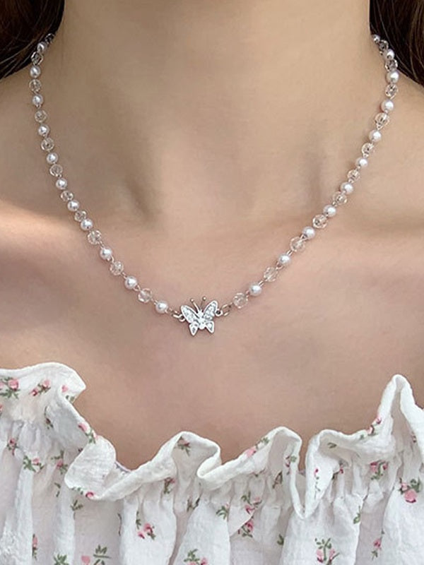 Rhinestone Butterfly Faux Pearl Necklace