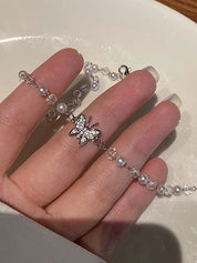Rhinestone Butterfly Faux Pearl Necklace