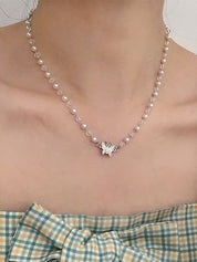 Rhinestone Butterfly Faux Pearl Necklace