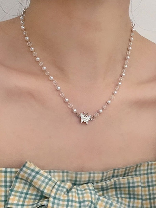 Rhinestone Butterfly Faux Pearl Necklace