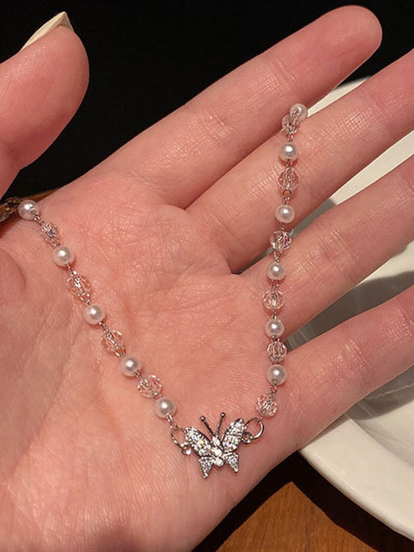 Rhinestone Butterfly Faux Pearl Necklace