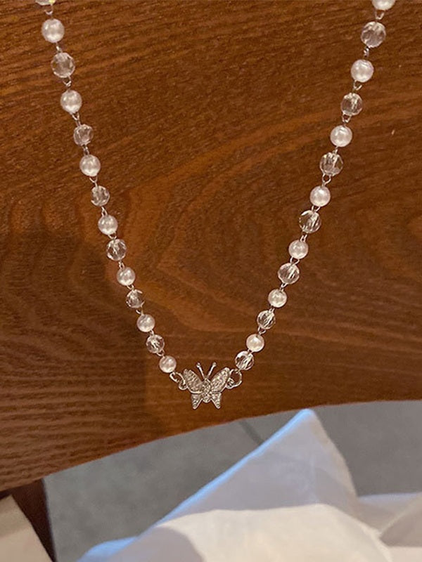 Rhinestone Butterfly Faux Pearl Necklace