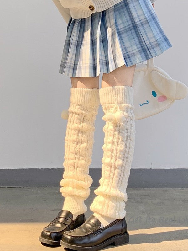 Pompom Decor Cable Knit Leg Warmer