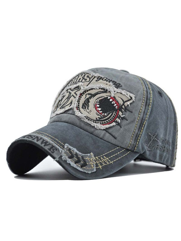Vintage Shark Embroidered Distressed Baseball Cap