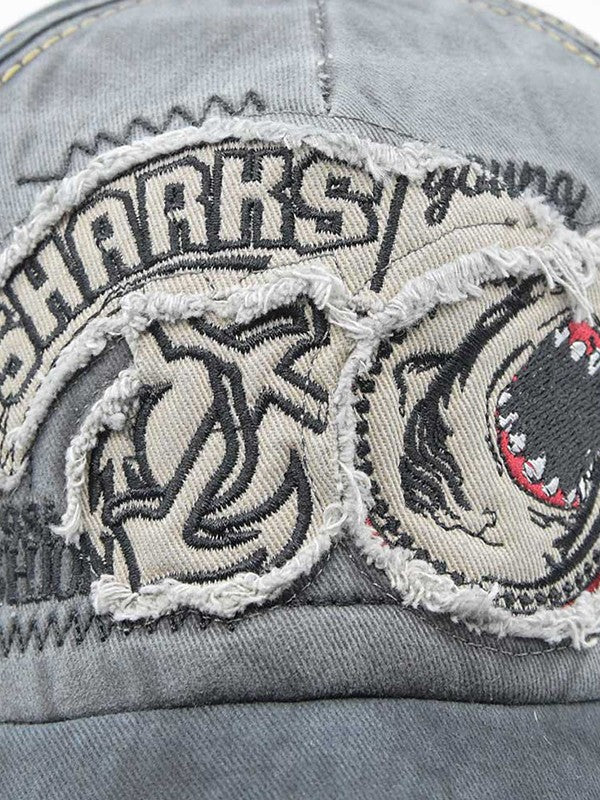 Vintage Shark Embroidered Distressed Baseball Cap