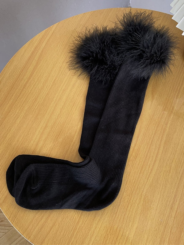 Feather Trim Knee High Socks
