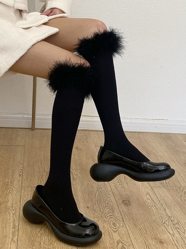 Feather Trim Knee High Socks