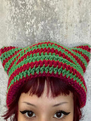 Hand Made Horn Detail Striped Knitted Beanie Hat