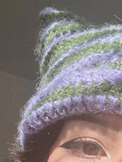 Hand Made Horn Detail Striped Knitted Beanie Hat