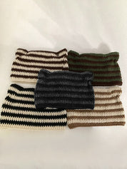 Hand Made Horn Detail Striped Knitted Beanie Hat