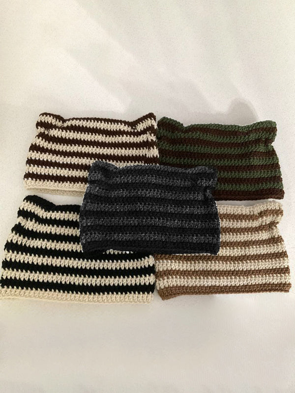 Hand Made Horn Detail Striped Knitted Beanie Hat