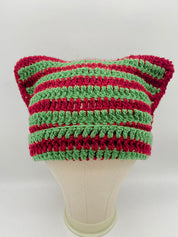 Hand Made Horn Detail Striped Knitted Beanie Hat