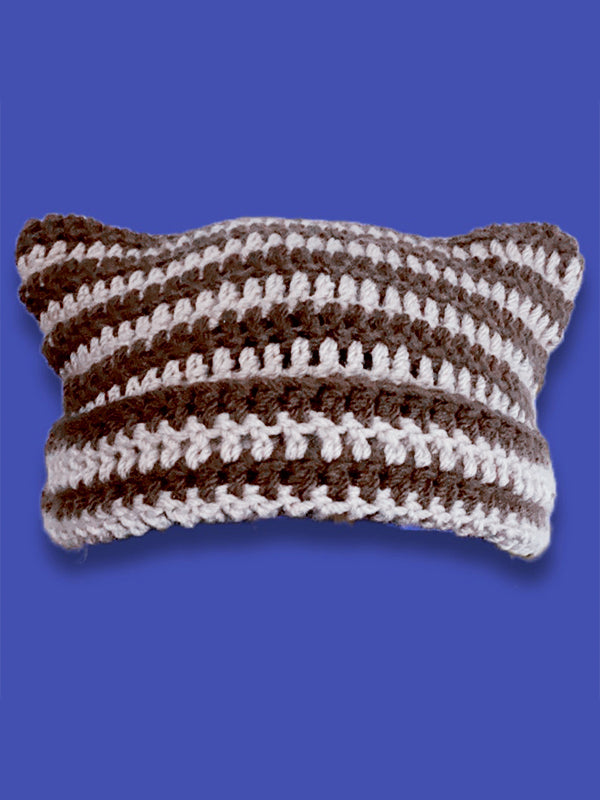 Hand Made Horn Detail Striped Knitted Beanie Hat