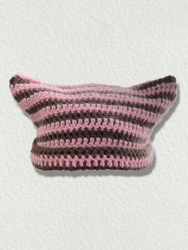 Hand Made Horn Detail Striped Knitted Beanie Hat