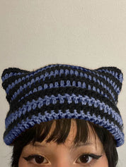 Hand Made Horn Detail Striped Knitted Beanie Hat