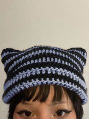 Hand Made Horn Detail Striped Knitted Beanie Hat