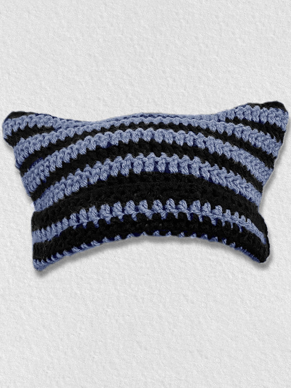 Hand Made Horn Detail Striped Knitted Beanie Hat