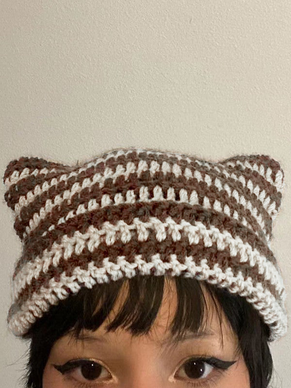 Hand Made Horn Detail Striped Knitted Beanie Hat