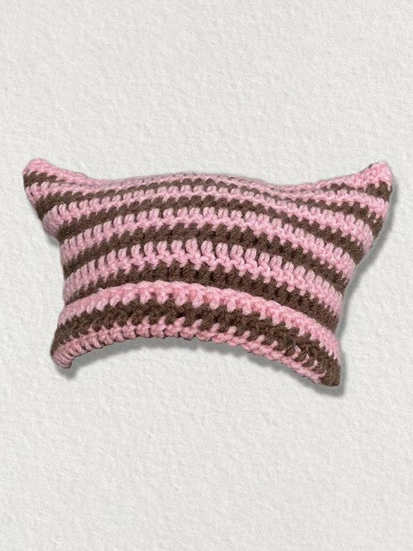 Hand Made Horn Detail Striped Knitted Beanie Hat