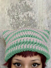 Hand Made Horn Detail Striped Knitted Beanie Hat