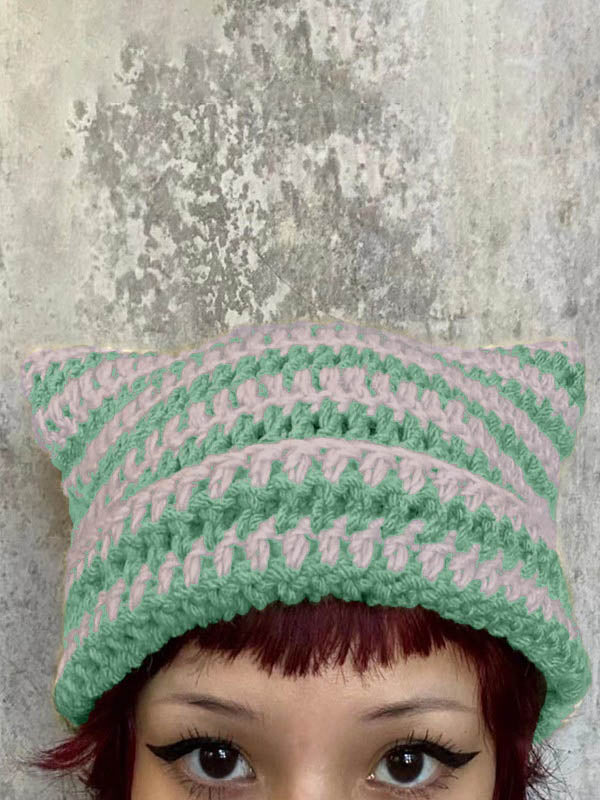 Hand Made Horn Detail Striped Knitted Beanie Hat