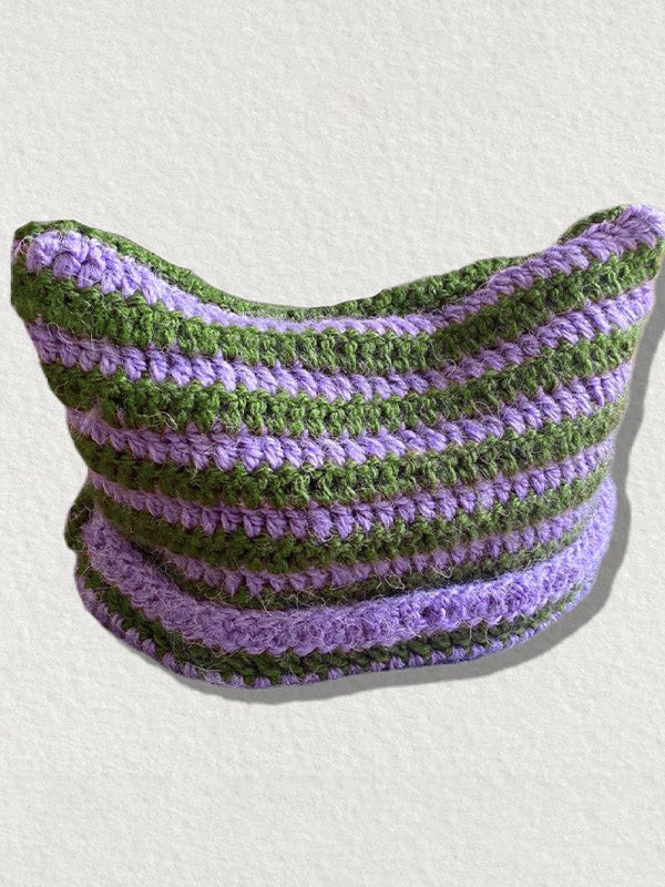 Hand Made Horn Detail Striped Knitted Beanie Hat