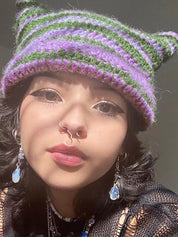 Hand Made Horn Detail Striped Knitted Beanie Hat