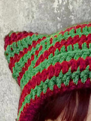 Hand Made Horn Detail Striped Knitted Beanie Hat