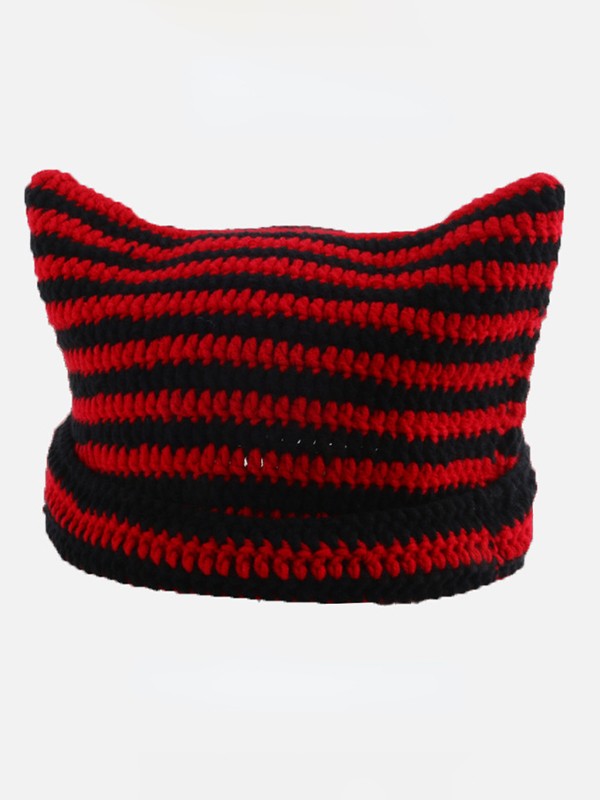Ear Design Contrast Striped Beanie Hat