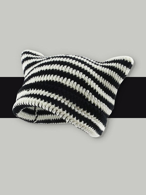 Ear Design Contrast Striped Beanie Hat