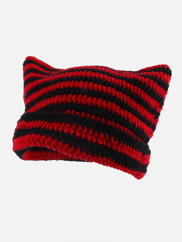 Ear Design Contrast Striped Beanie Hat