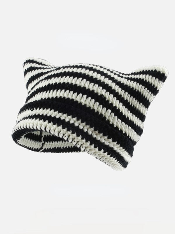 Ear Design Contrast Striped Beanie Hat