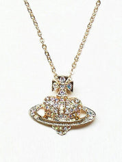 Rhinestone Heart Planet Charm Necklace