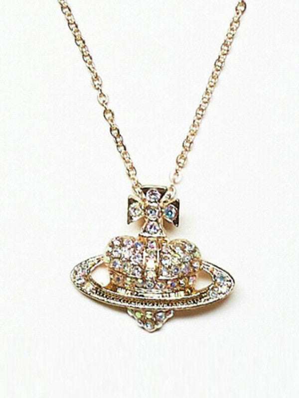 Rhinestone Heart Planet Charm Necklace
