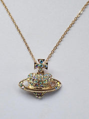 Rhinestone Heart Planet Charm Necklace