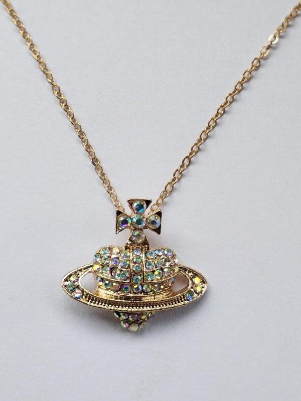 Rhinestone Heart Planet Charm Necklace