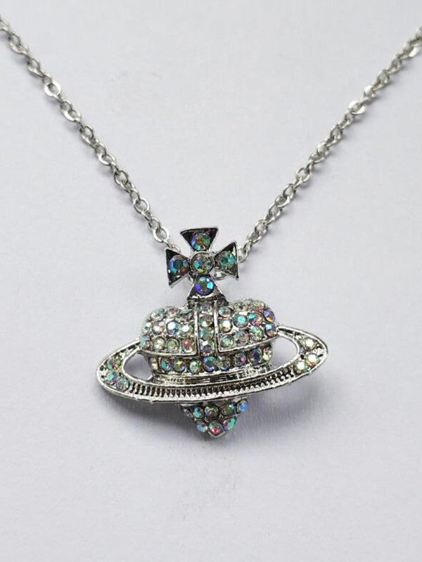 Rhinestone Heart Planet Charm Necklace
