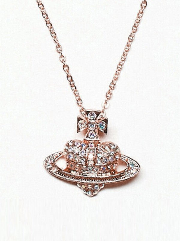 Rhinestone Heart Planet Charm Necklace