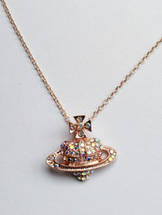 Rhinestone Heart Planet Charm Necklace