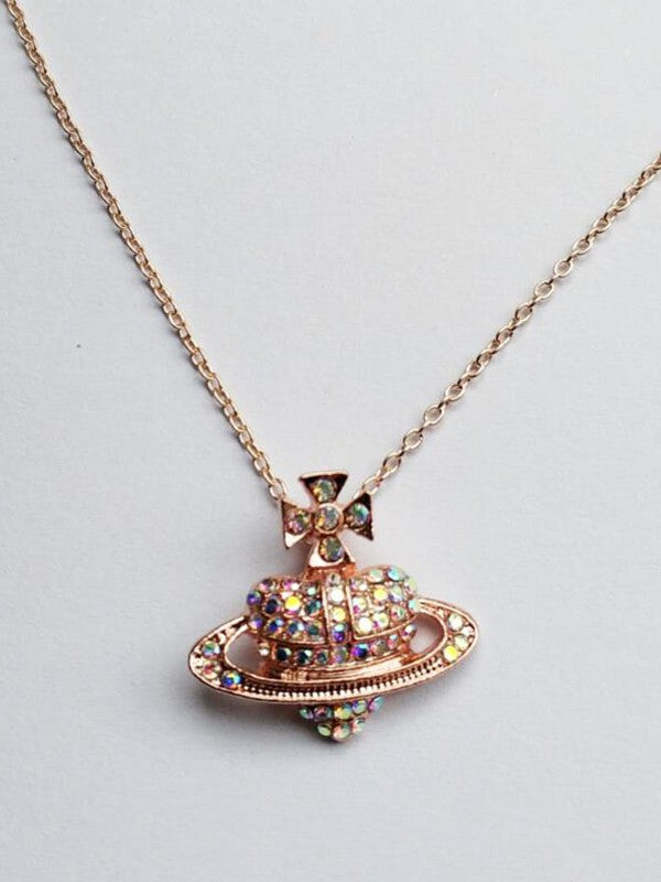 Rhinestone Heart Planet Charm Necklace