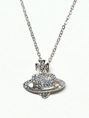 Rhinestone Heart Planet Charm Necklace