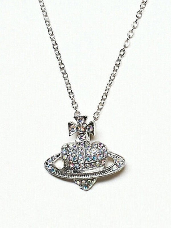 Rhinestone Heart Planet Charm Necklace