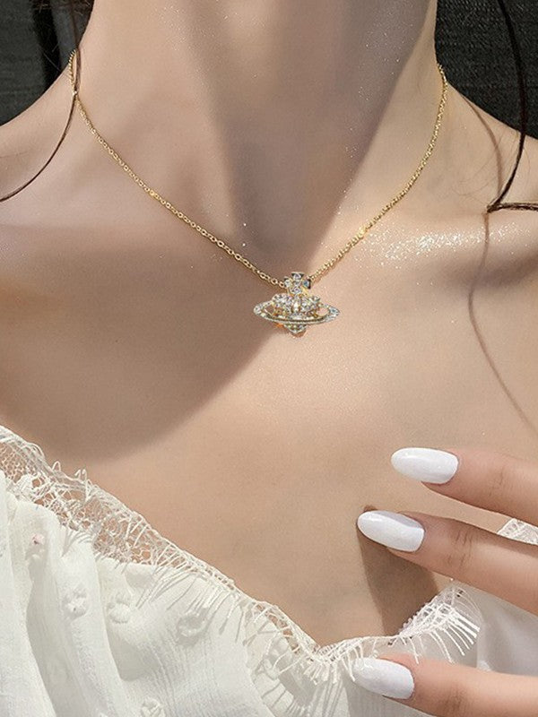 Rhinestone Heart Planet Charm Necklace