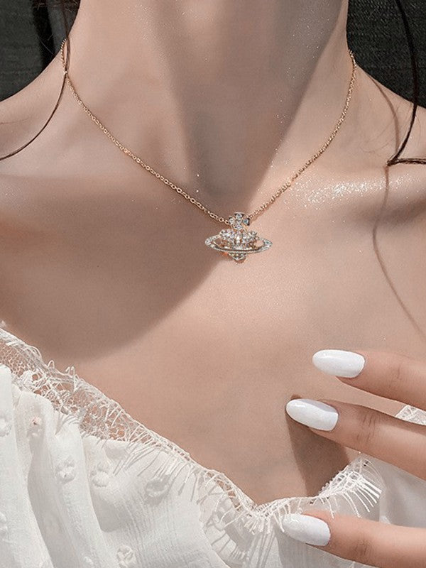 Rhinestone Heart Planet Charm Necklace
