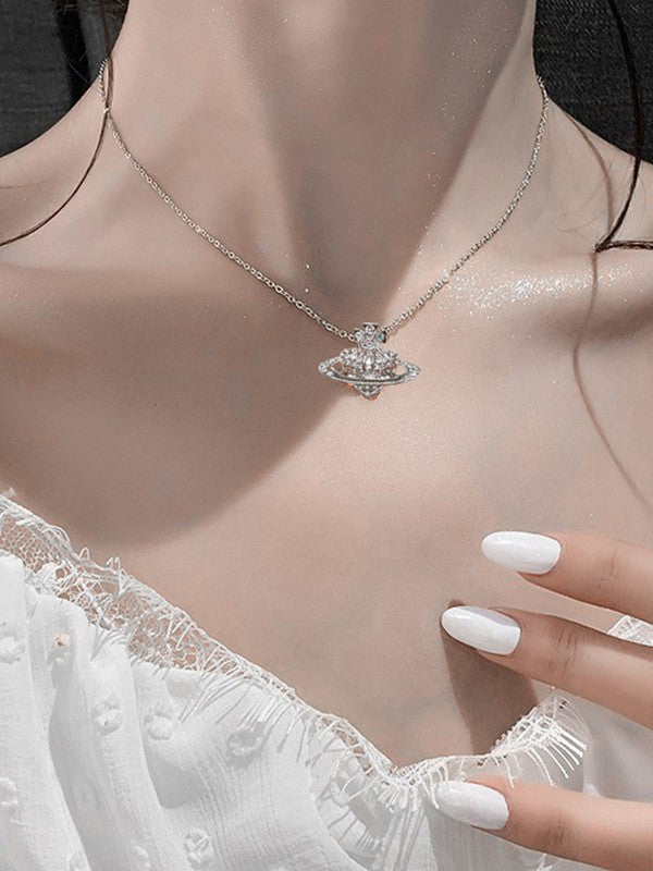 Rhinestone Heart Planet Charm Necklace
