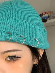 Safety Pin Distressed Knitted Beanie Hat