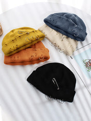 Safety Pin Distressed Knitted Beanie Hat