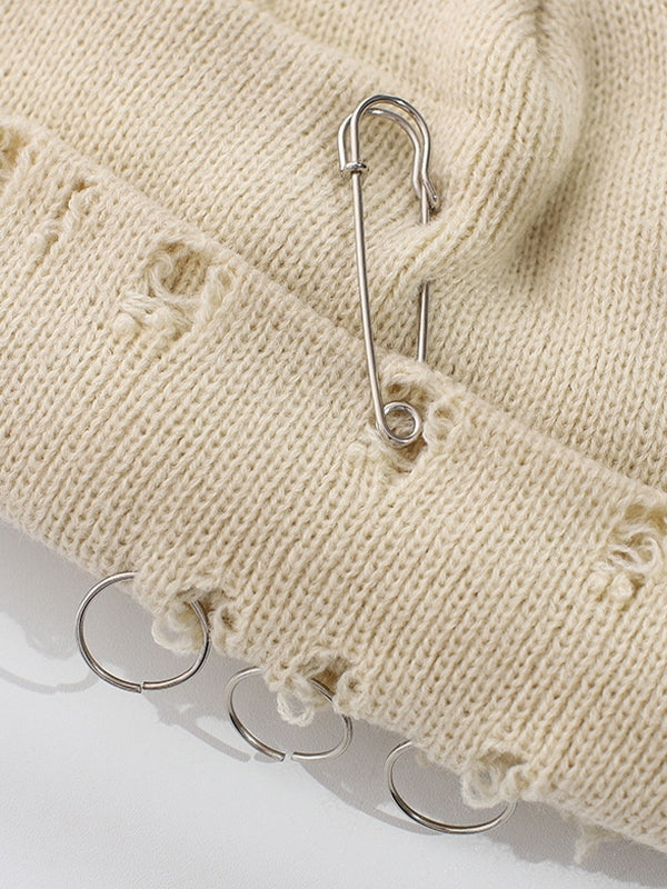 Safety Pin Distressed Knitted Beanie Hat